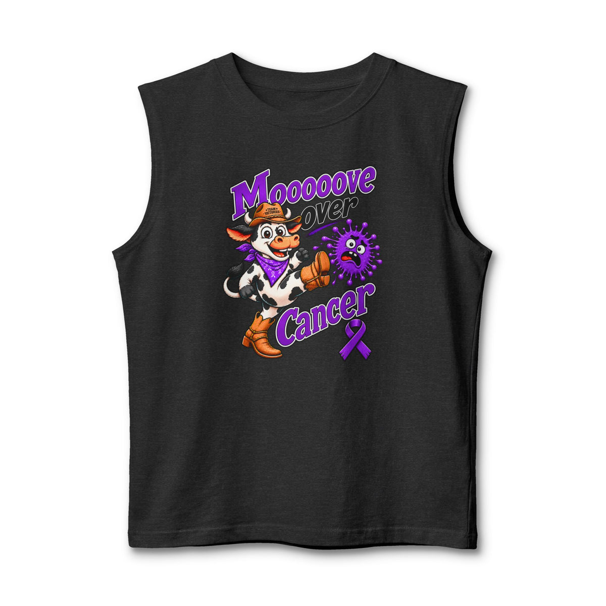 Dark gray Moooove Over Cancer tank top with Pancreatic Cancer awareness ribbon graphic