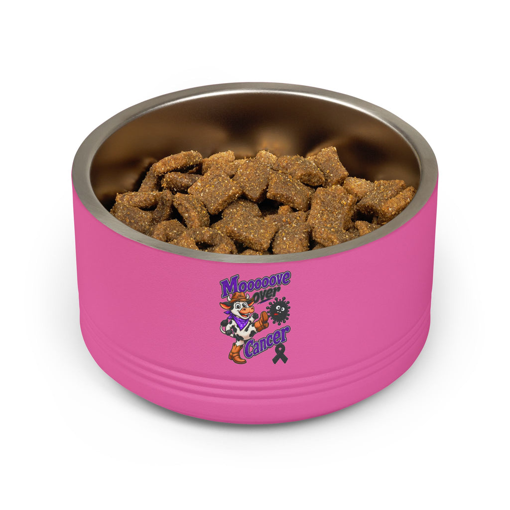 Pink Mooove Over Cancer pet bowl filled with dry food
