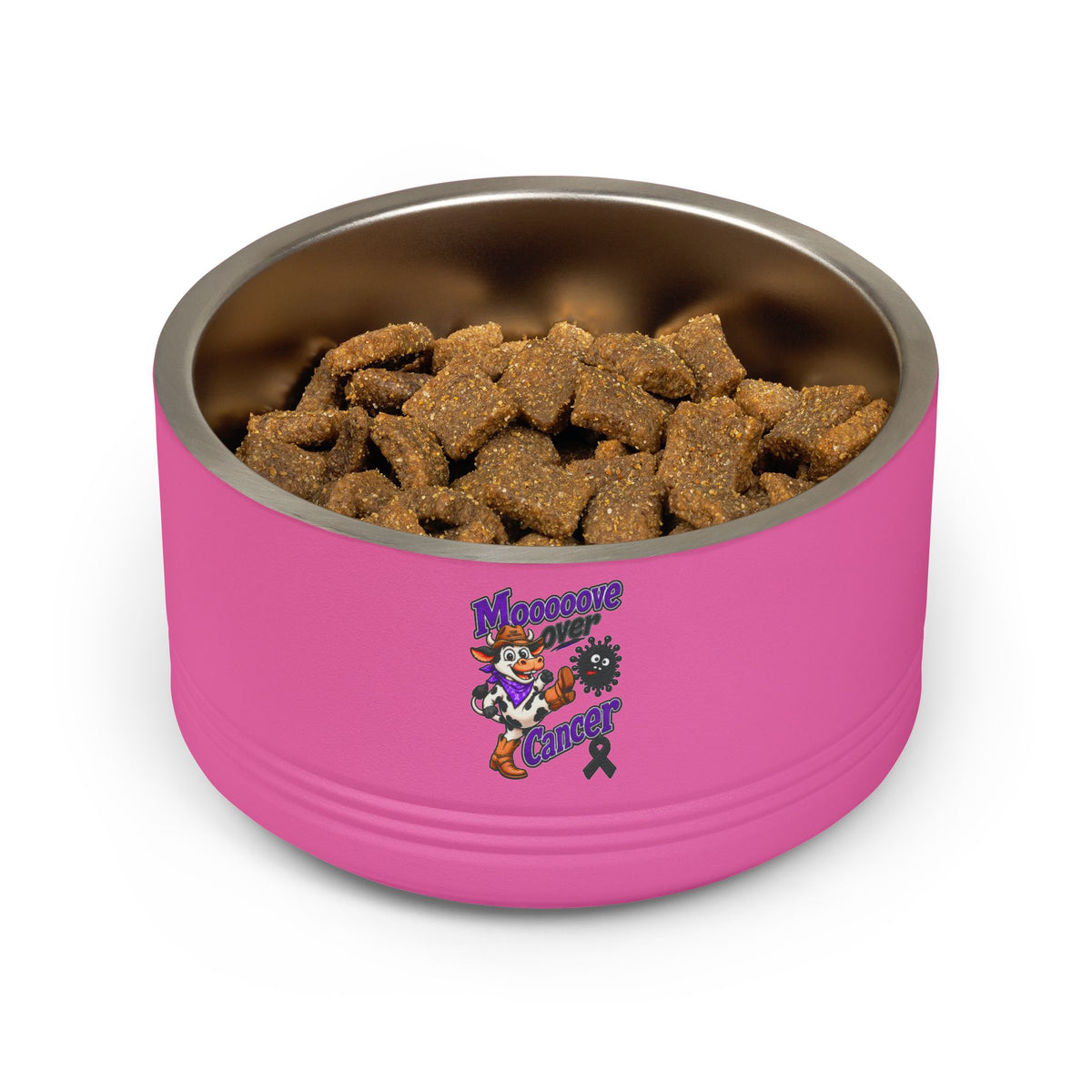 Pink Mooove Over Cancer pet bowl filled with dry food