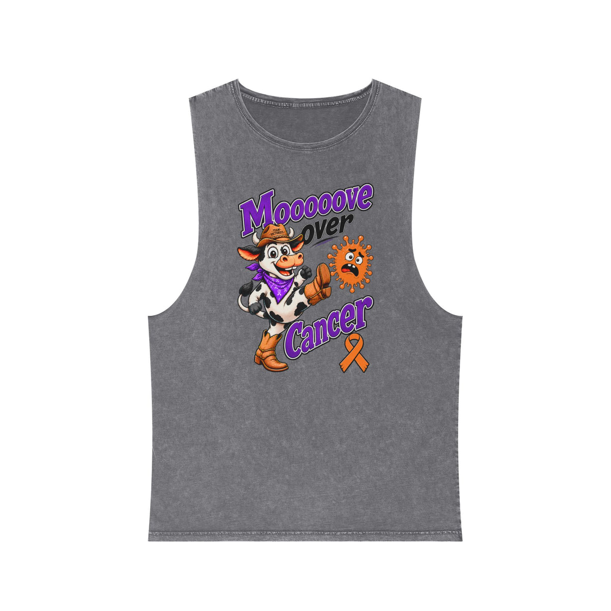 Moooove Over Cancer tank top with cow graphic and Leukemia/Kidney Cancer awareness ribbon, gray front