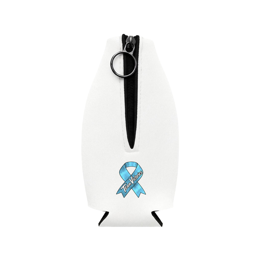 Zip-up bottle cooler sleeve showing Team Victories and a blue Prostate Cancer awareness ribbon
