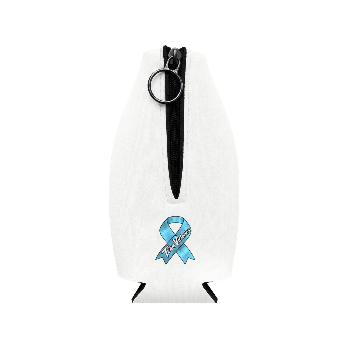 Zip-up bottle cooler sleeve showing Team Victories and a blue Prostate Cancer awareness ribbon