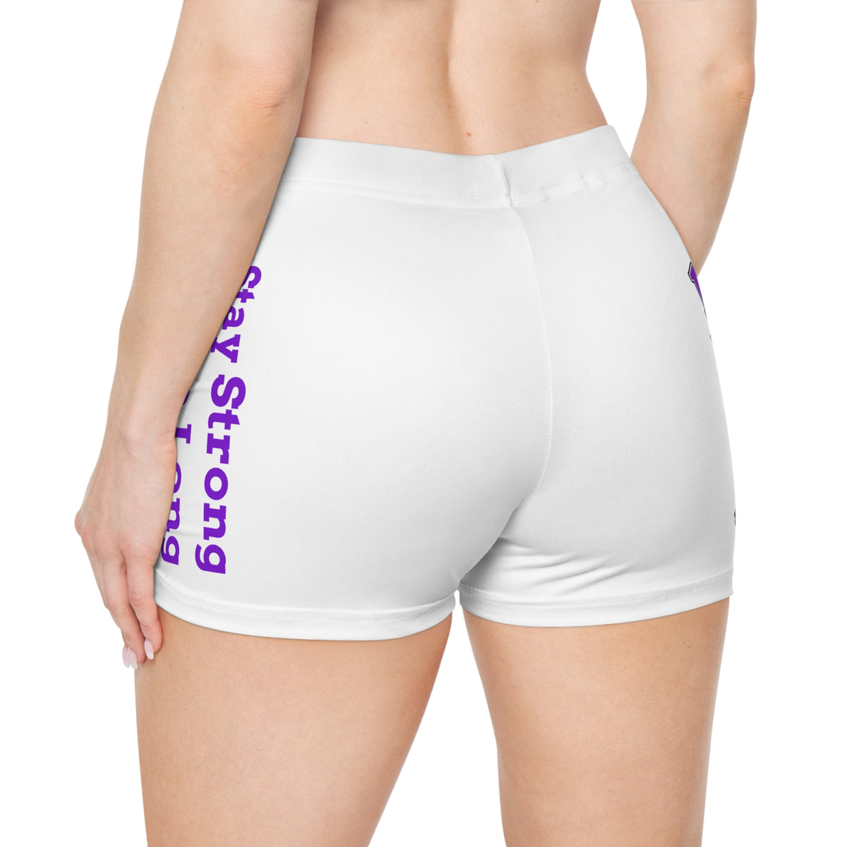 Back view of white Moooove Over Cancer athletic shorts with purple Stay Strong design