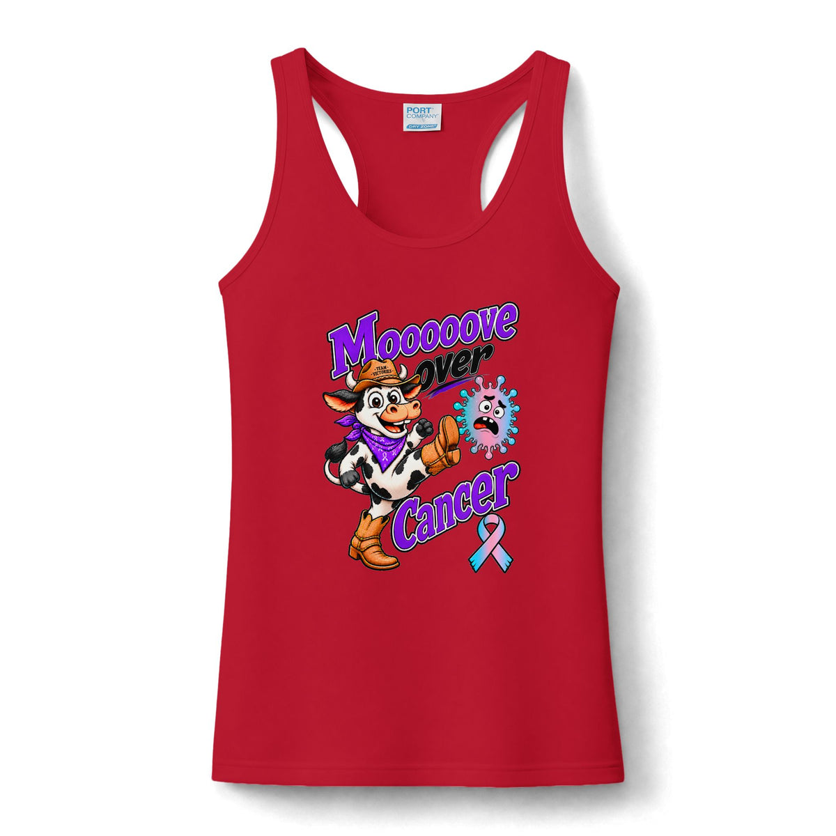 Moooove Over Cancer red tank top with cowgirl design and Thyroid Cancer awareness ribbon