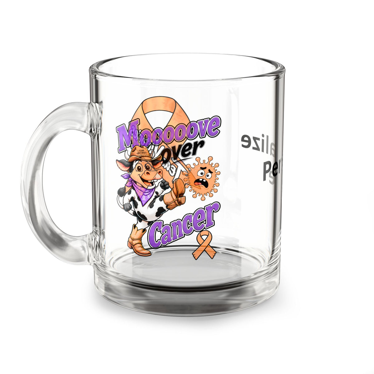 Moooove Over Cancer personalized 10 oz glass mug with colorful character artwork and orange ribbon