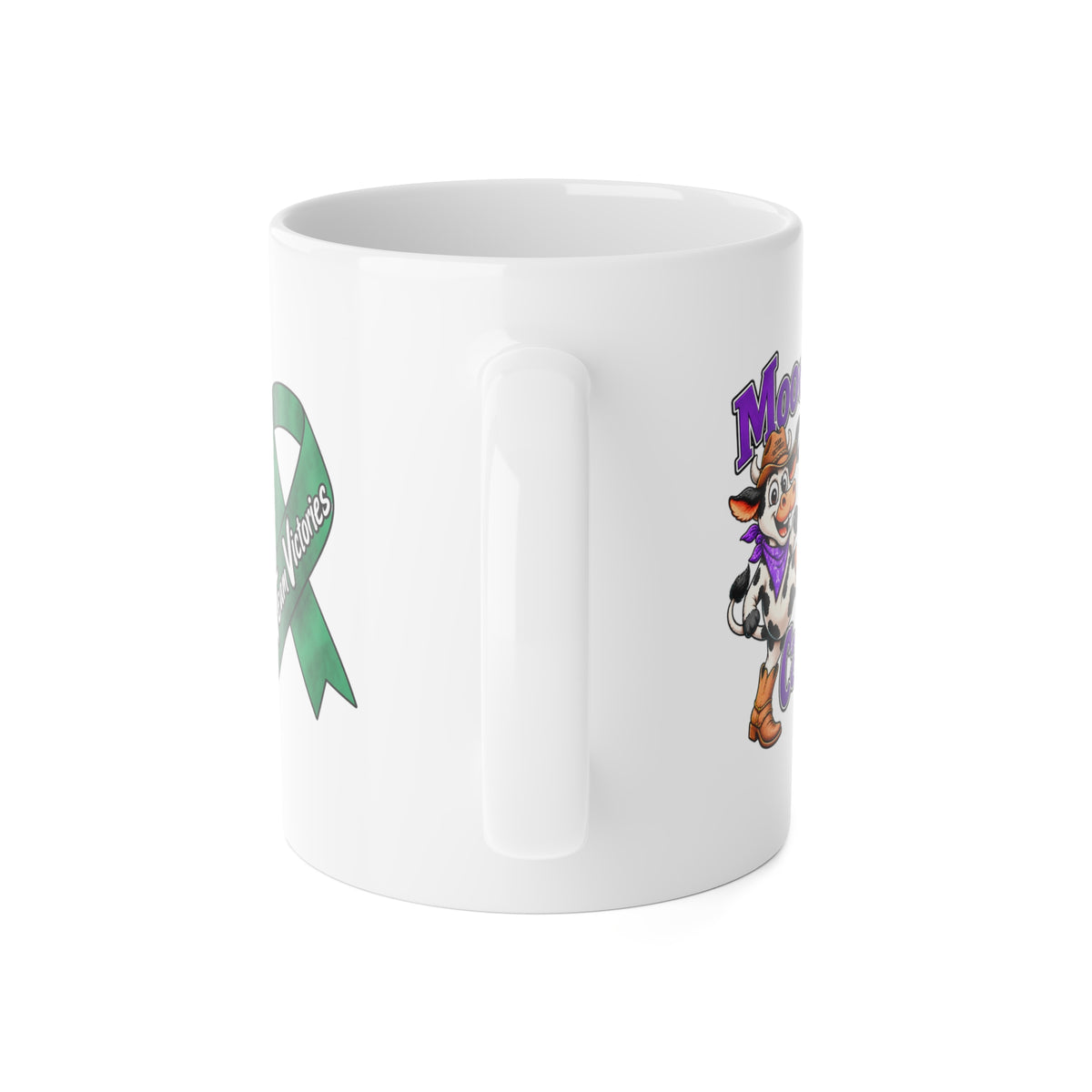 Side view of Moooove Over Cancer white ceramic mug with C-shaped handle