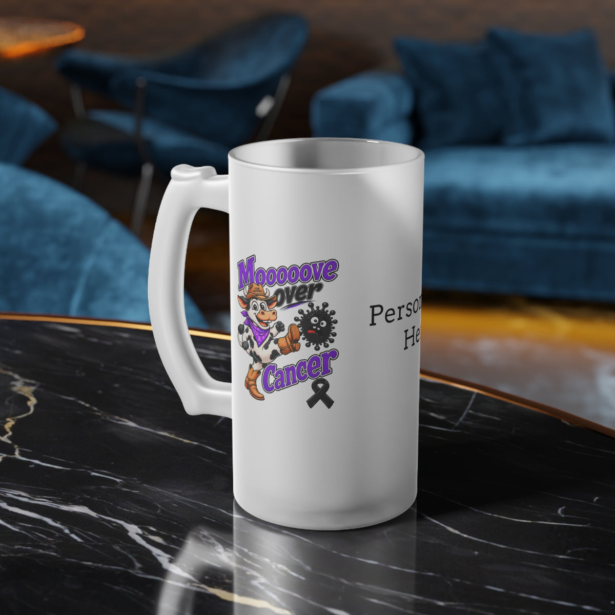 Moooove Over Cancer personalized frosted glass mug with Melanoma Cancer awareness ribbon