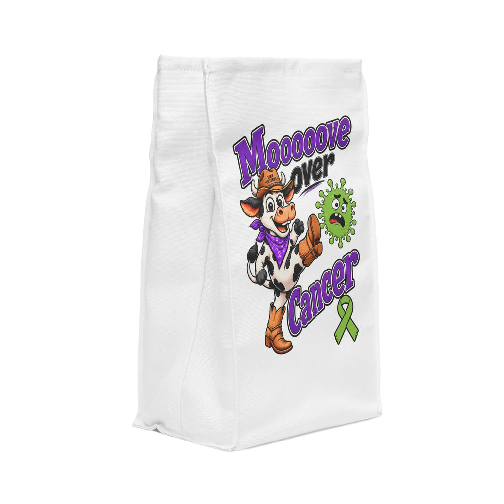 Side view of the Moooove Over Cancer insulated polyester lunch bag