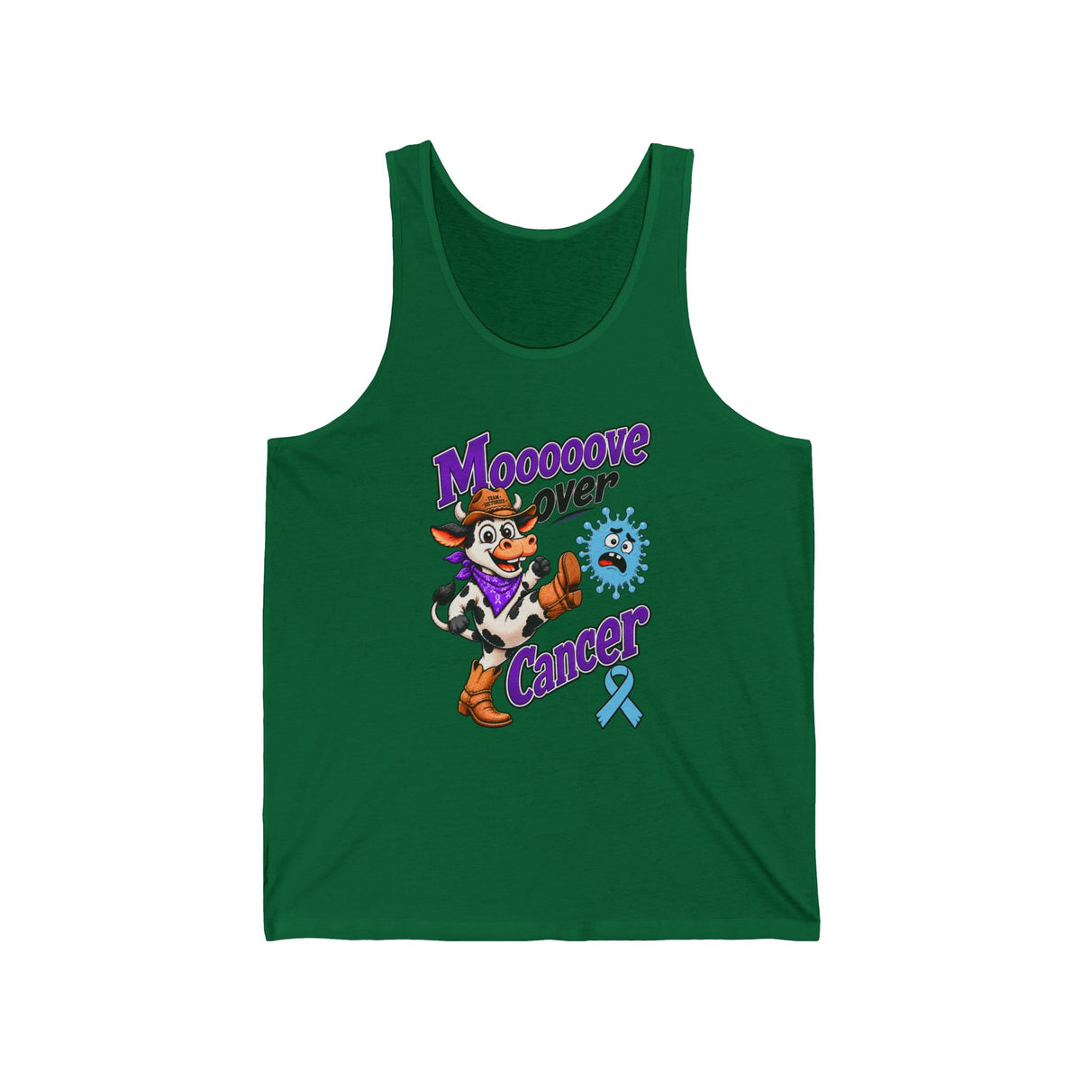 Moooove Over Cancer dark green tank top with blue Prostate Cancer awareness ribbon