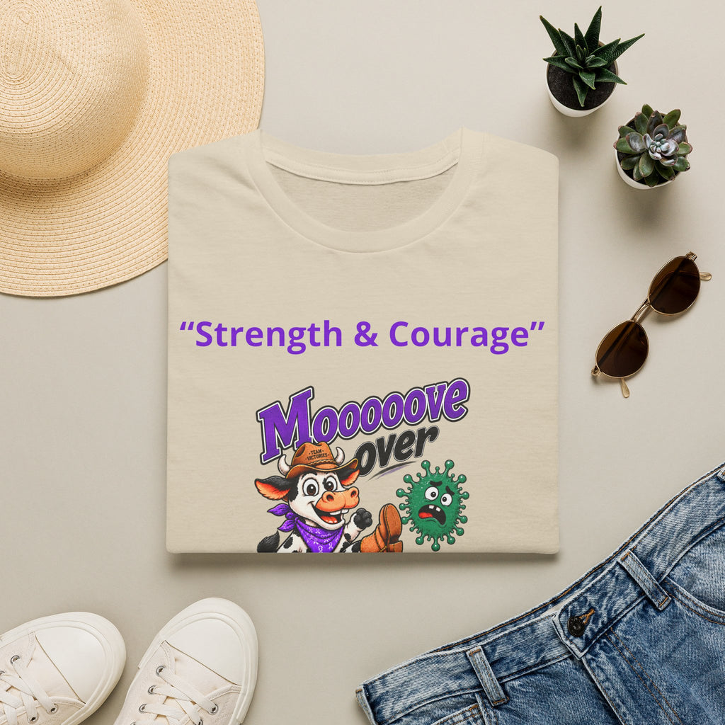 Woman wearing a natural Moooove Over Cancer T-shirt with Liver Cancer awareness ribbon design
