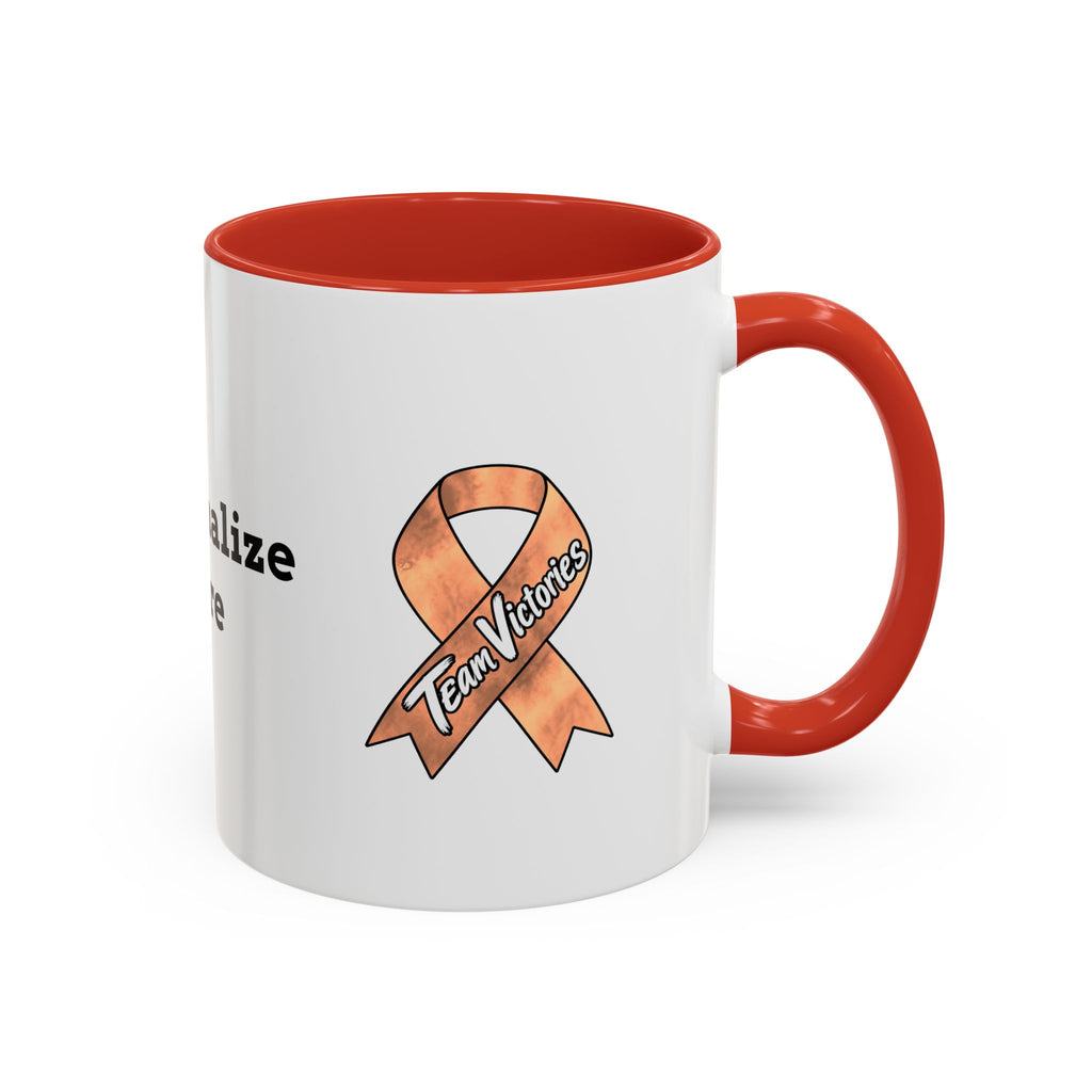 Moooove Over Cancer mug with colorful artwork, blue handle, and peach Uterine Cancer awareness ribbon