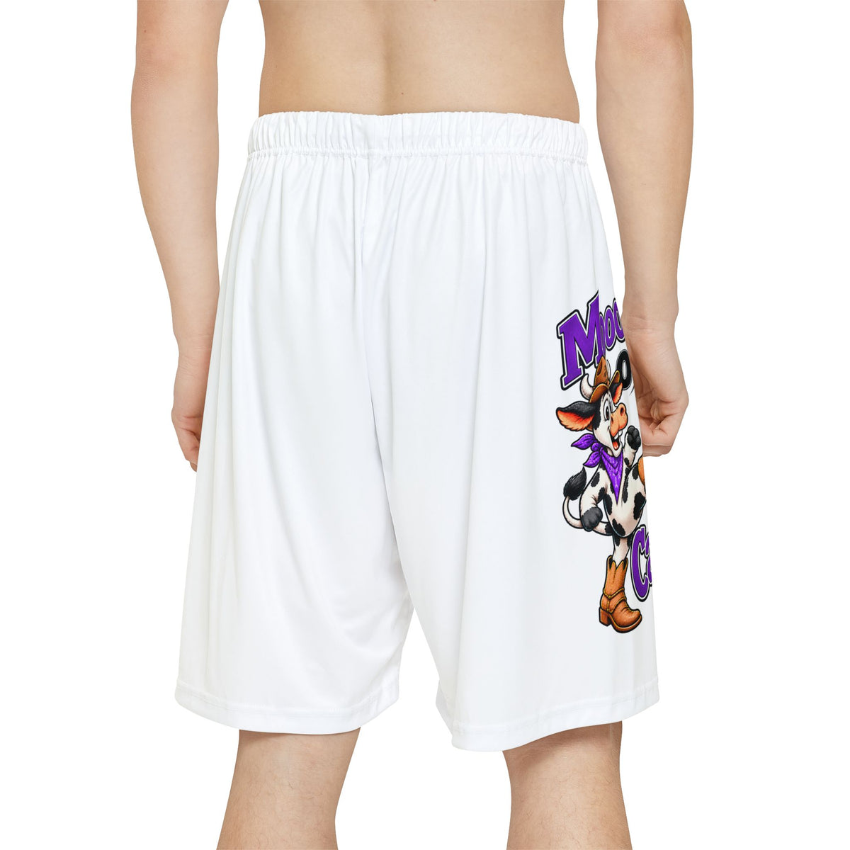 Rear modeled view of Moooove Over Cancer athletic shorts with cow artwork and Non-Hodgkin/Lymphoma Cancer awareness ribbon