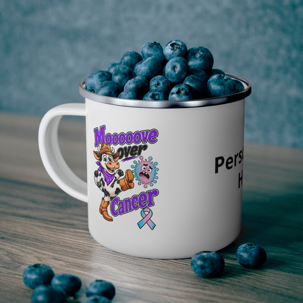 Moooove Over Cancer enamel mug with Thyroid Cancer awareness ribbon beside blueberries