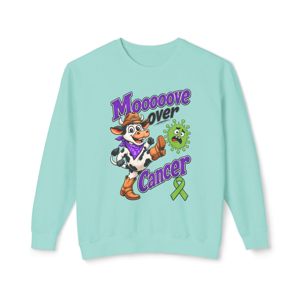 Moooove Over Cancer crewneck sweatshirt in turquoise with cow artwork and Non-Hodgkin/Lymphoma Cancer awareness ribbon
