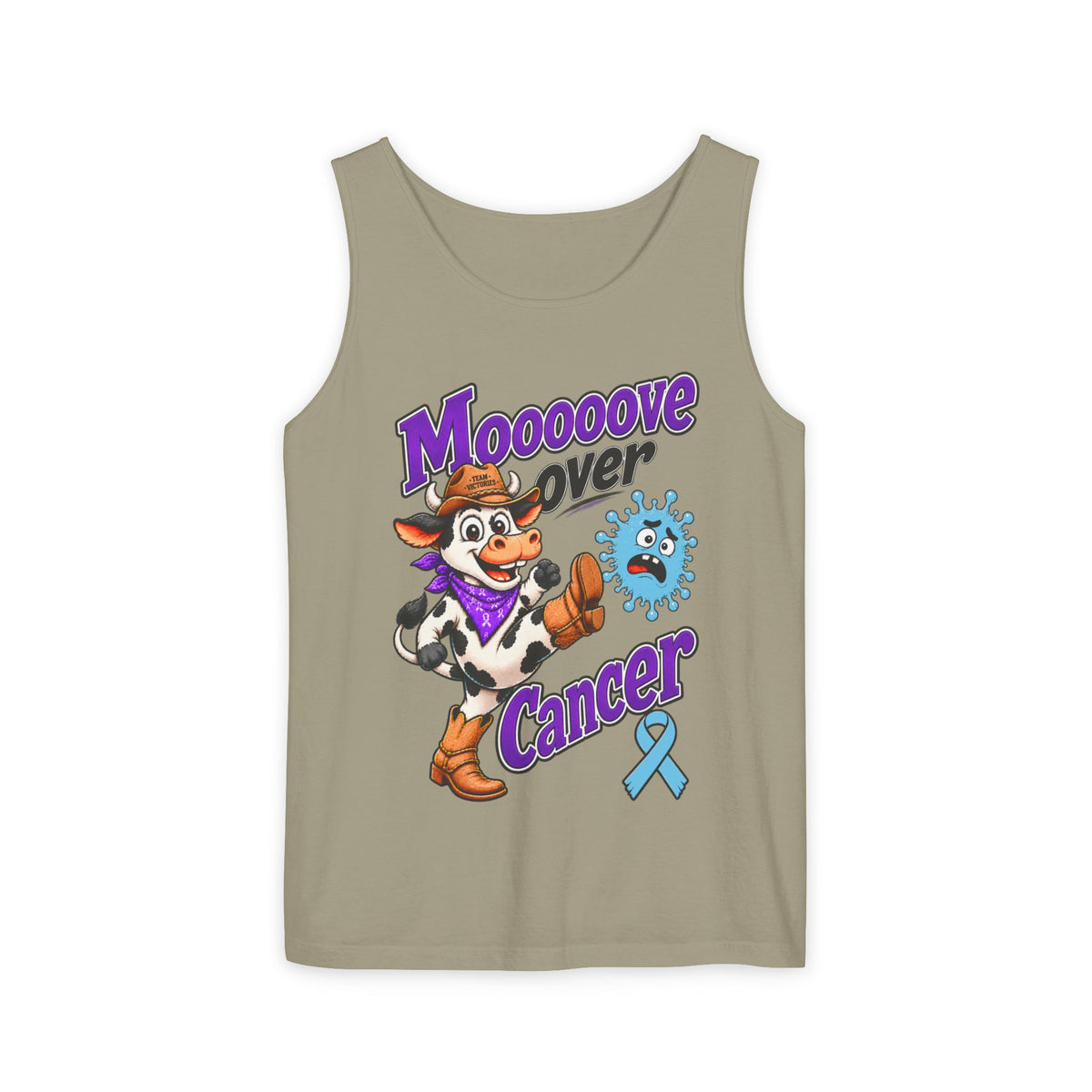 Moooove Over Cancer tank top in olive with cancer support artwork and Prostate Cancer awareness ribbon
