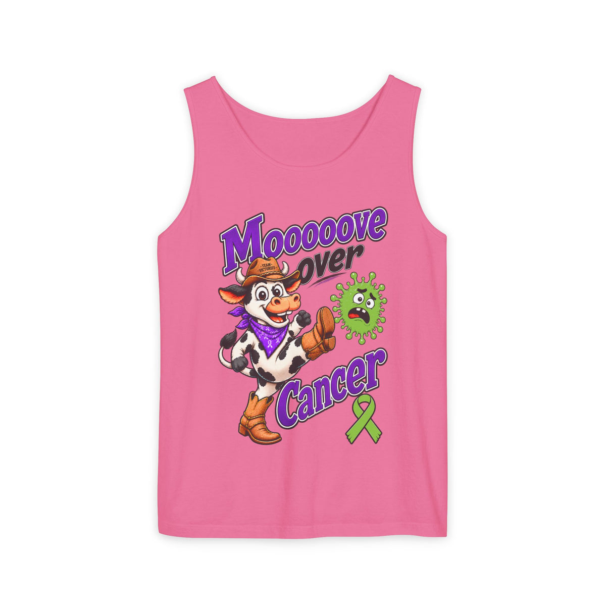 Woman modeling white Moooove Over Cancer tank top with awareness ribbon design