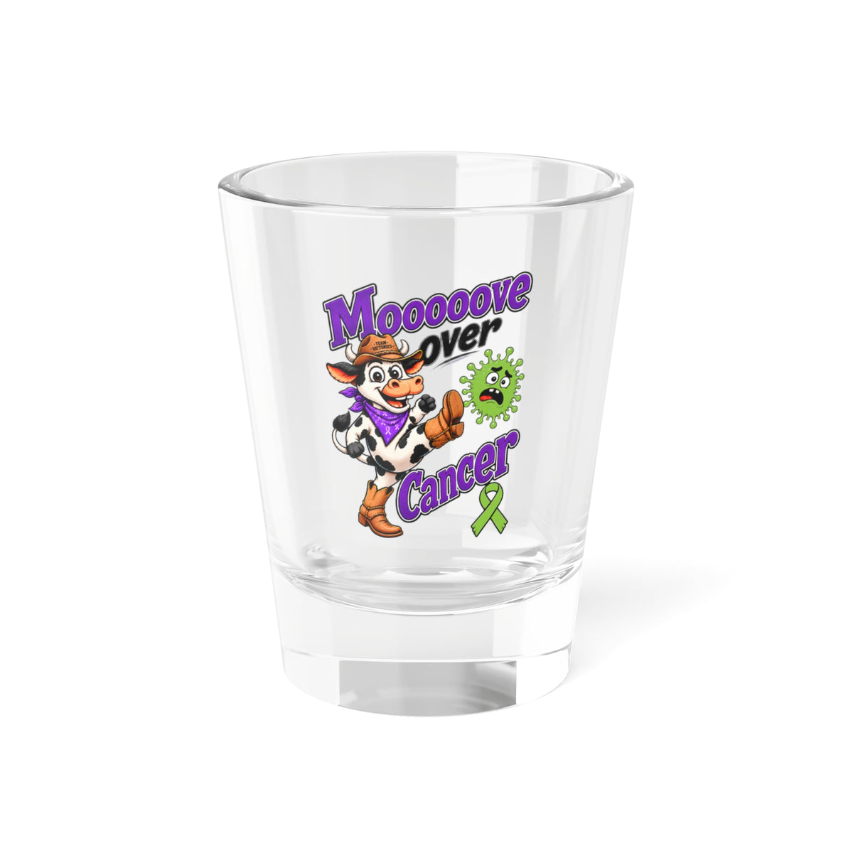Moooove Over Cancer shot glass with colorful cow artwork and green ribbon