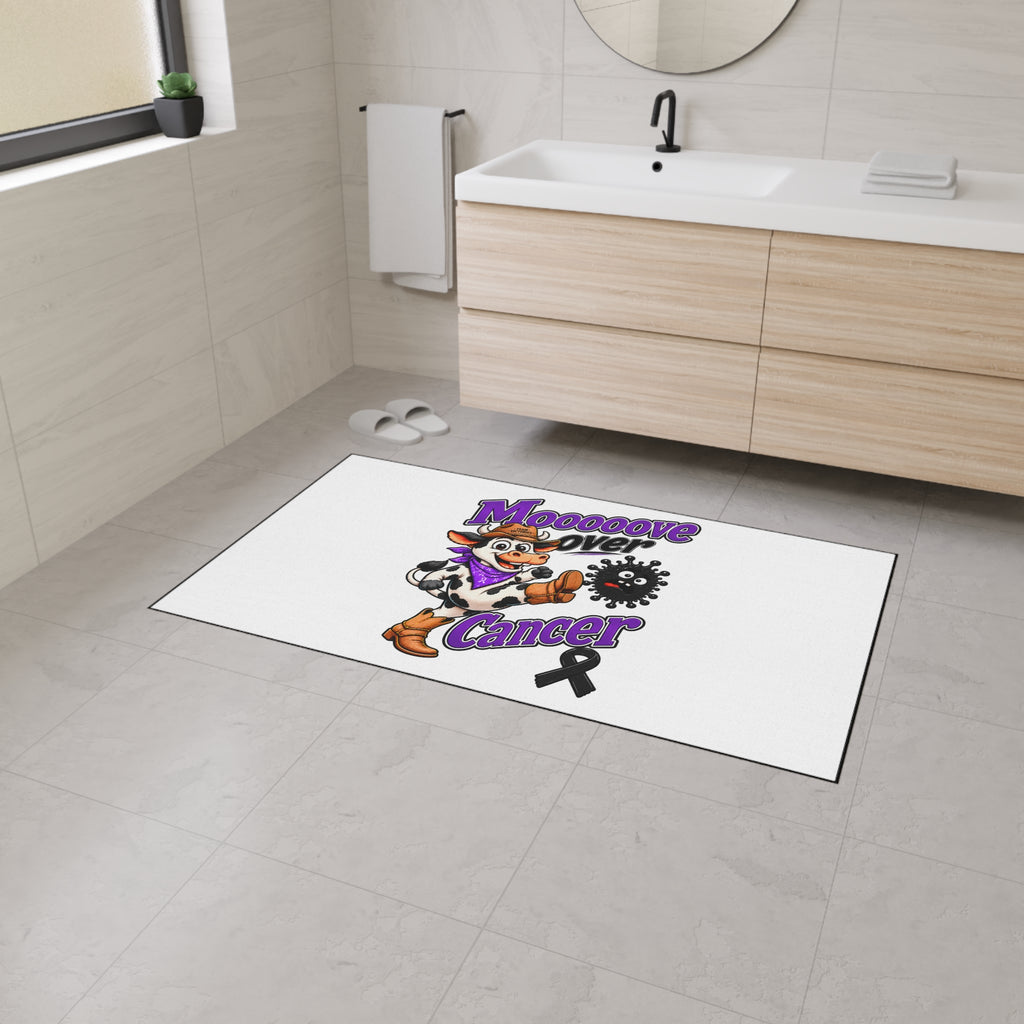 Moooove Over Cancer black ribbon floor mat shown in a bathroom setting