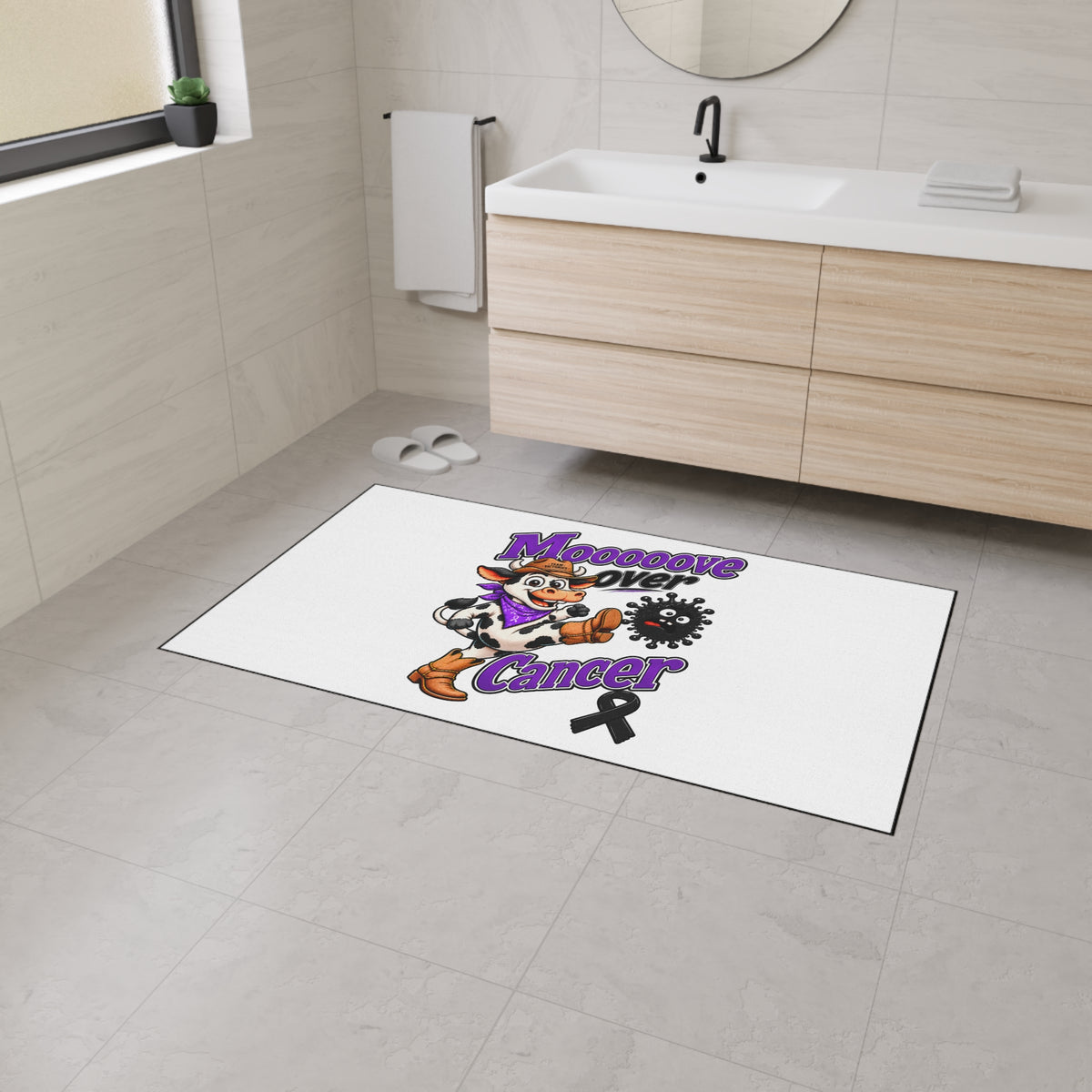 Moooove Over Cancer black ribbon floor mat shown in a bathroom setting