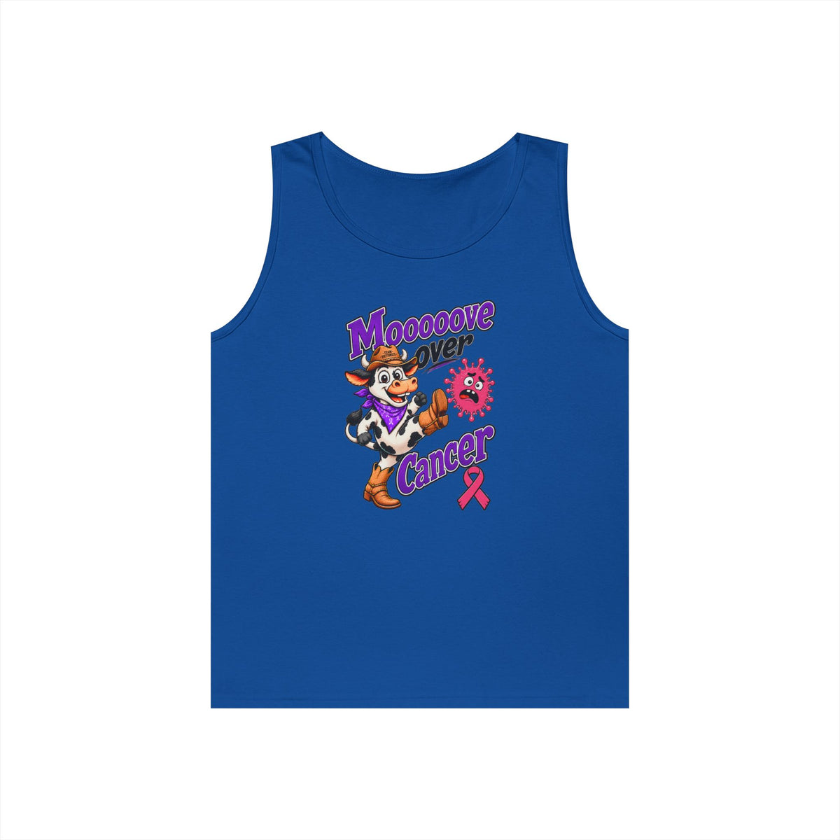 Blue Moooove Over Cancer tank top with western character and Breast Cancer awareness ribbon