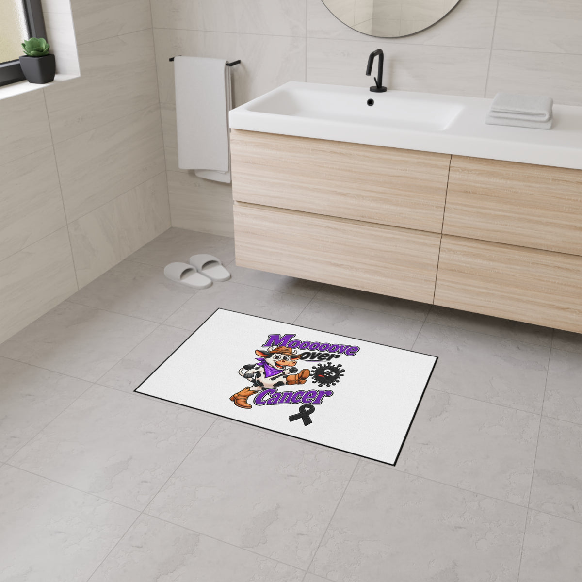 Moooove Over Cancer black ribbon floor mat displayed on a bathroom floor