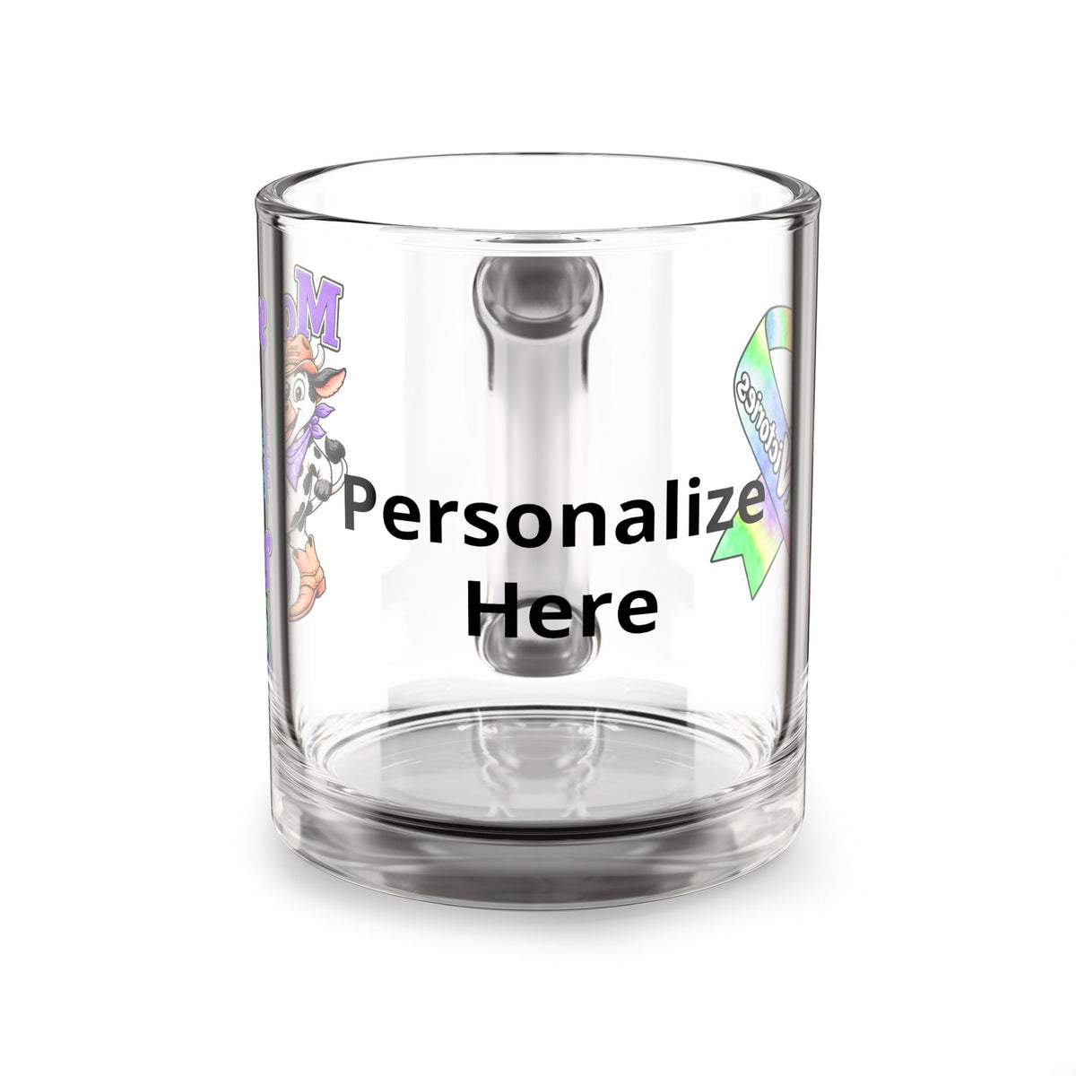 Personalized Moooove Over Cancer glass mug showing the custom name area on the clear side