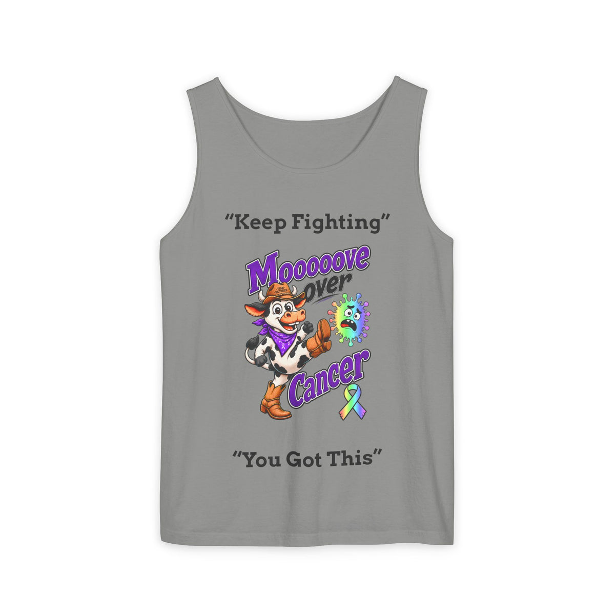 Gray-blue Moooove Over Cancer tank top with You Got This and all-cancer awareness ribbon