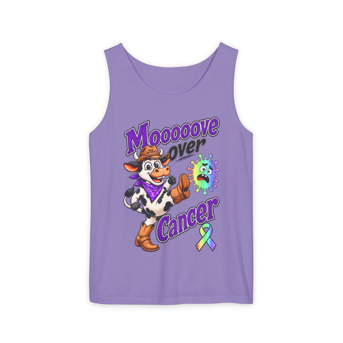 Pink Moooove Over Cancer tank top with cowgirl design and all-cancer awareness ribbon