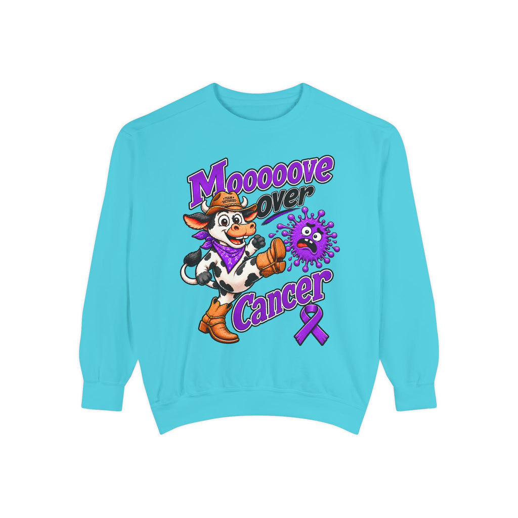 Bright blue Moooove Over Cancer crewneck sweatshirt with cowboy graphic and purple ribbon