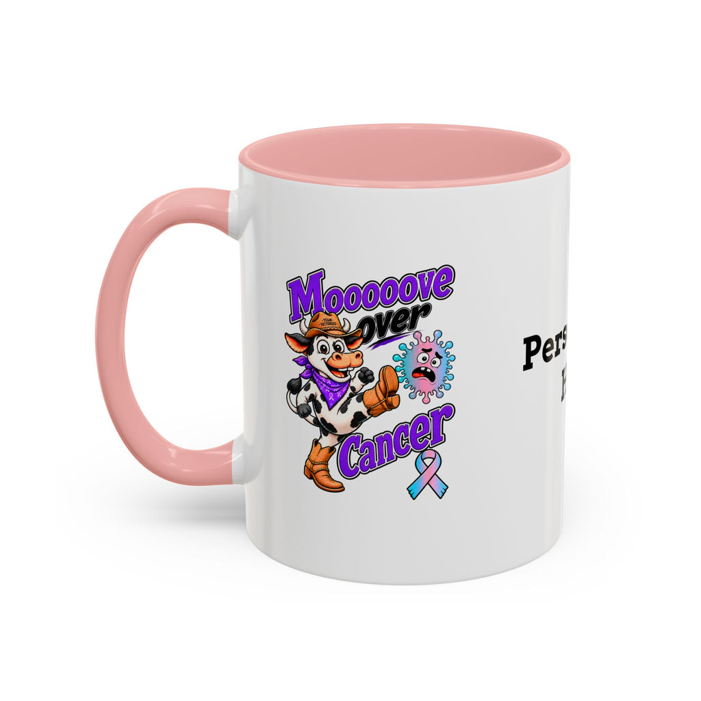 Moooove Over Cancer mug with Thyroid Cancer awareness ribbon and pink accent handle