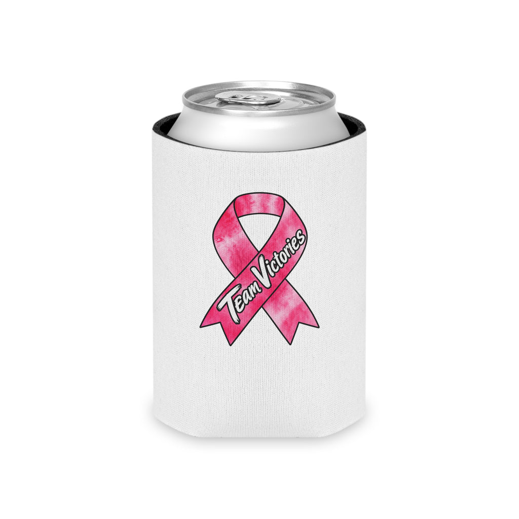 Team Victories pink ribbon can cooler wrapped around a beverage can