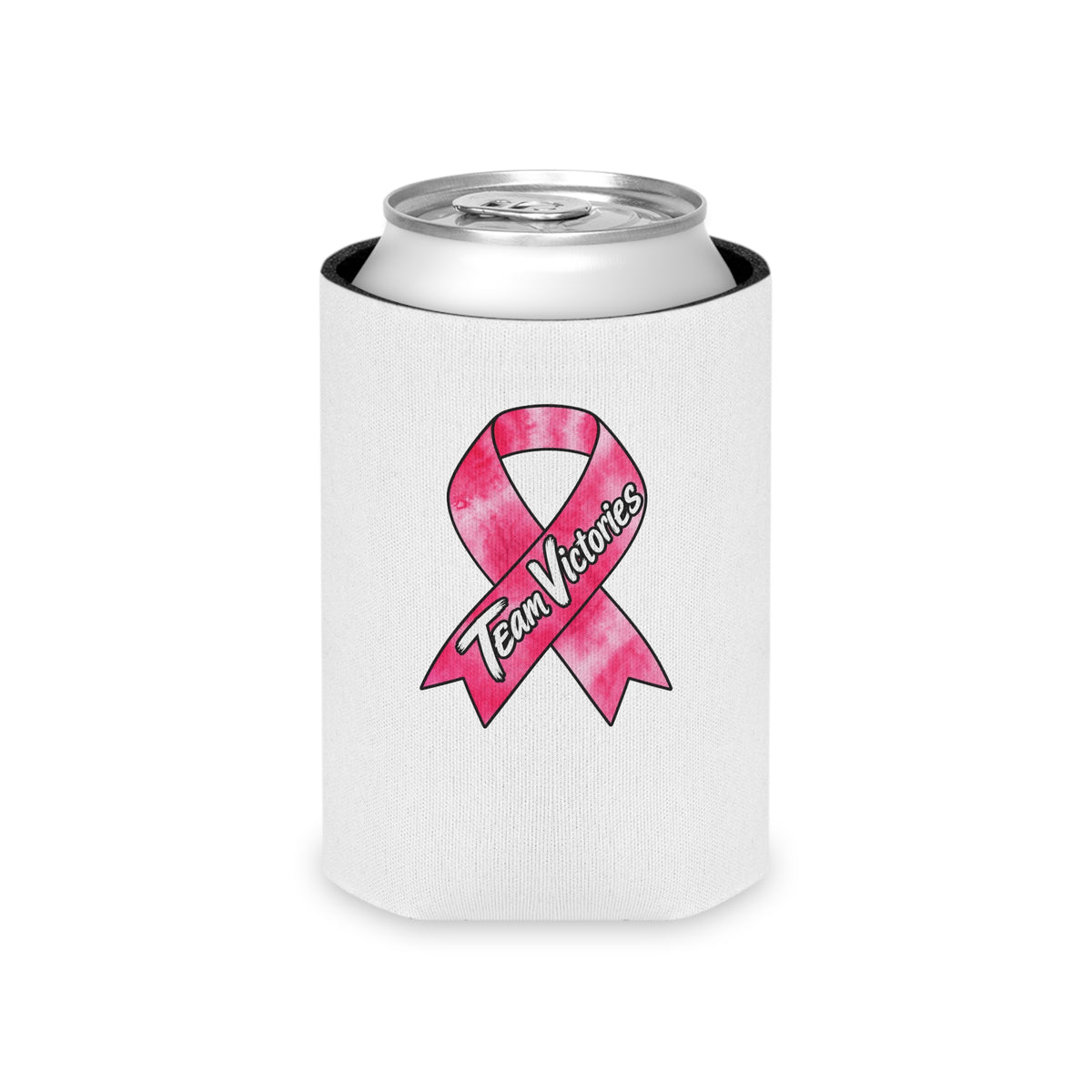 Team Victories pink ribbon can cooler wrapped around a beverage can