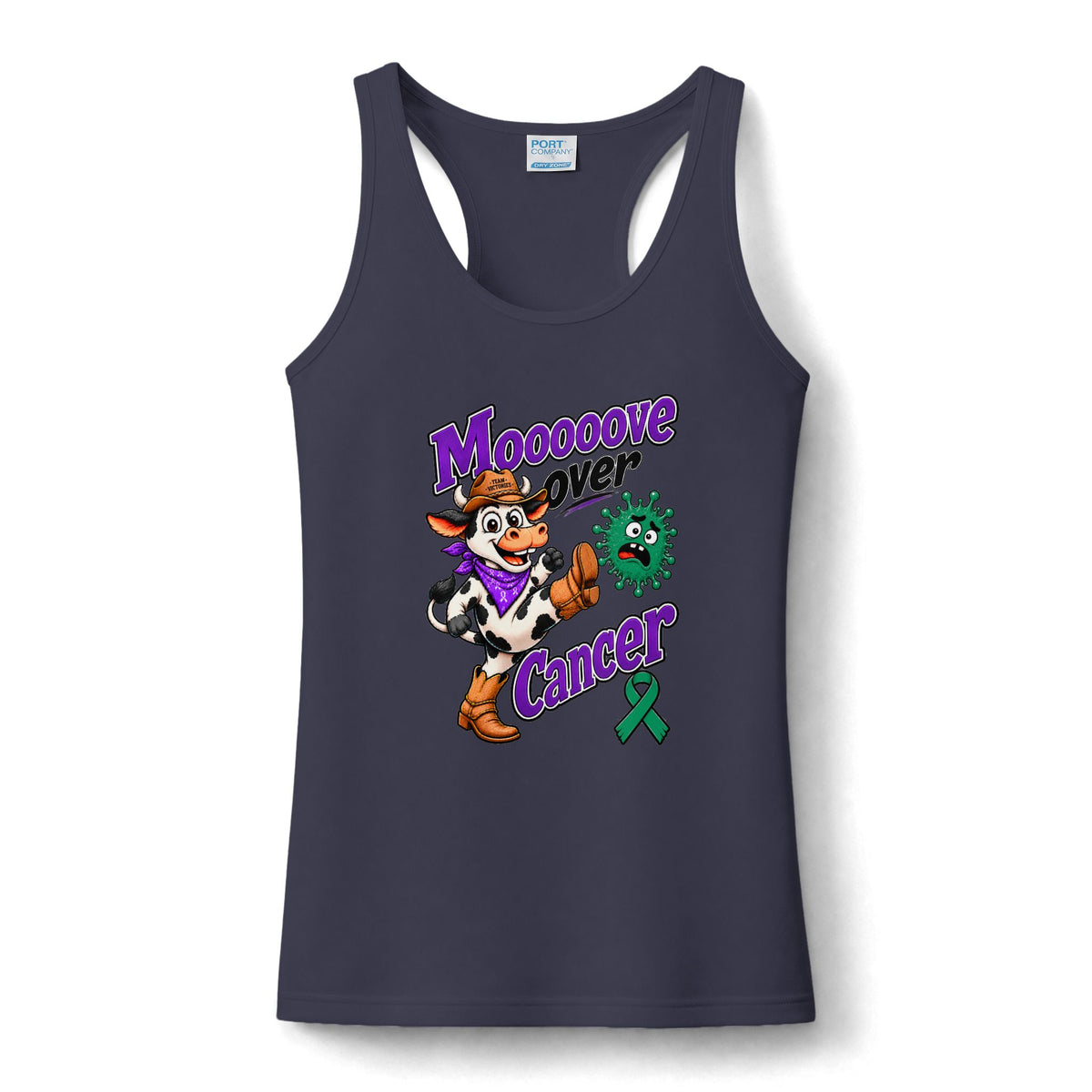 Navy Moooove Over Cancer performance tank top with Liver Cancer awareness ribbon artwork