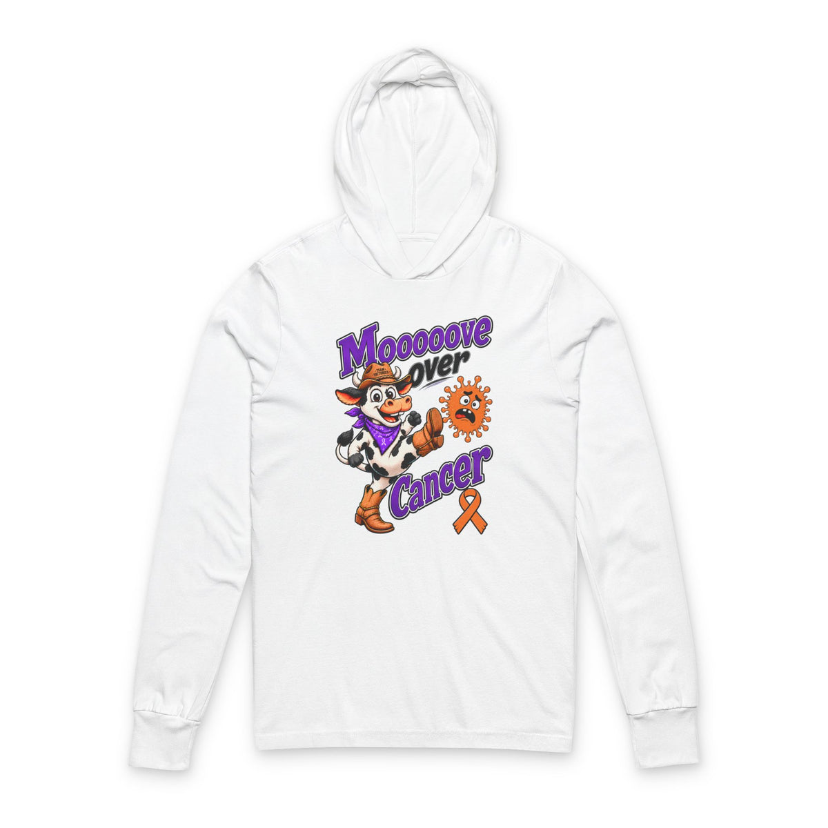 Moooove Over Cancer hooded tee with orange Leukemia/Kidney Cancer awareness ribbon graphic on white