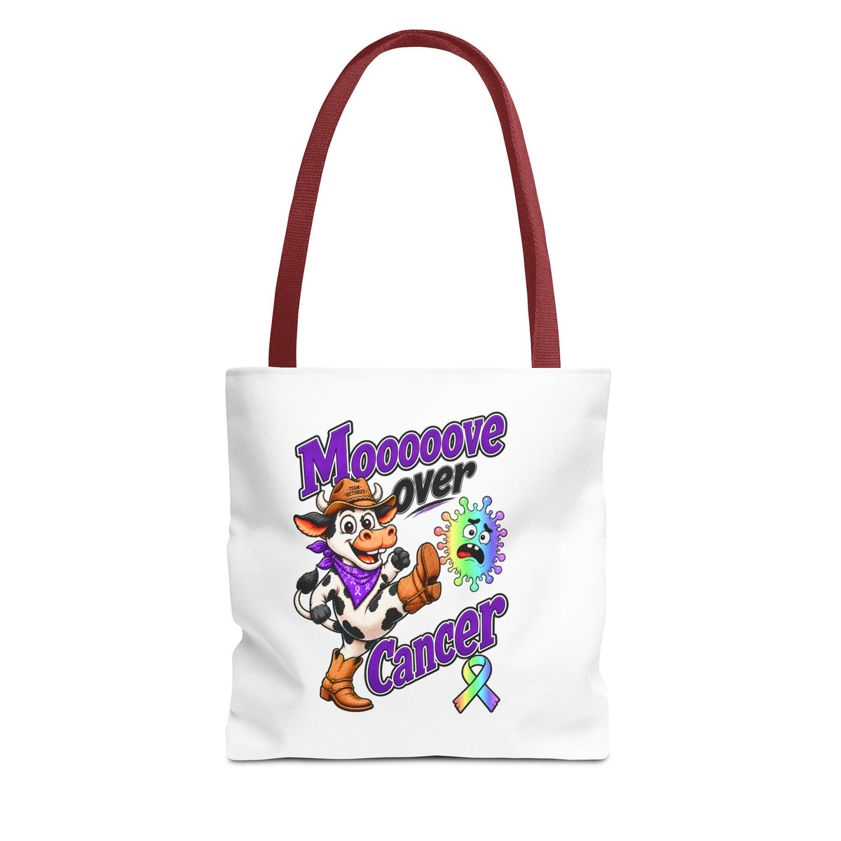 Model wearing the Moooove Over Cancer tote over the shoulder with cancer-support artwork