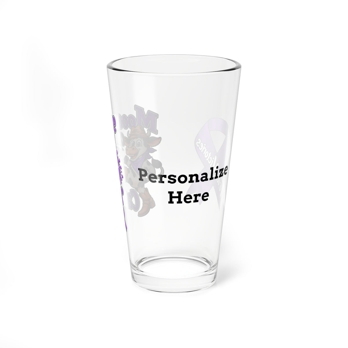 Moooove Over Cancer clear glass tumbler showing the custom-name personalization area
