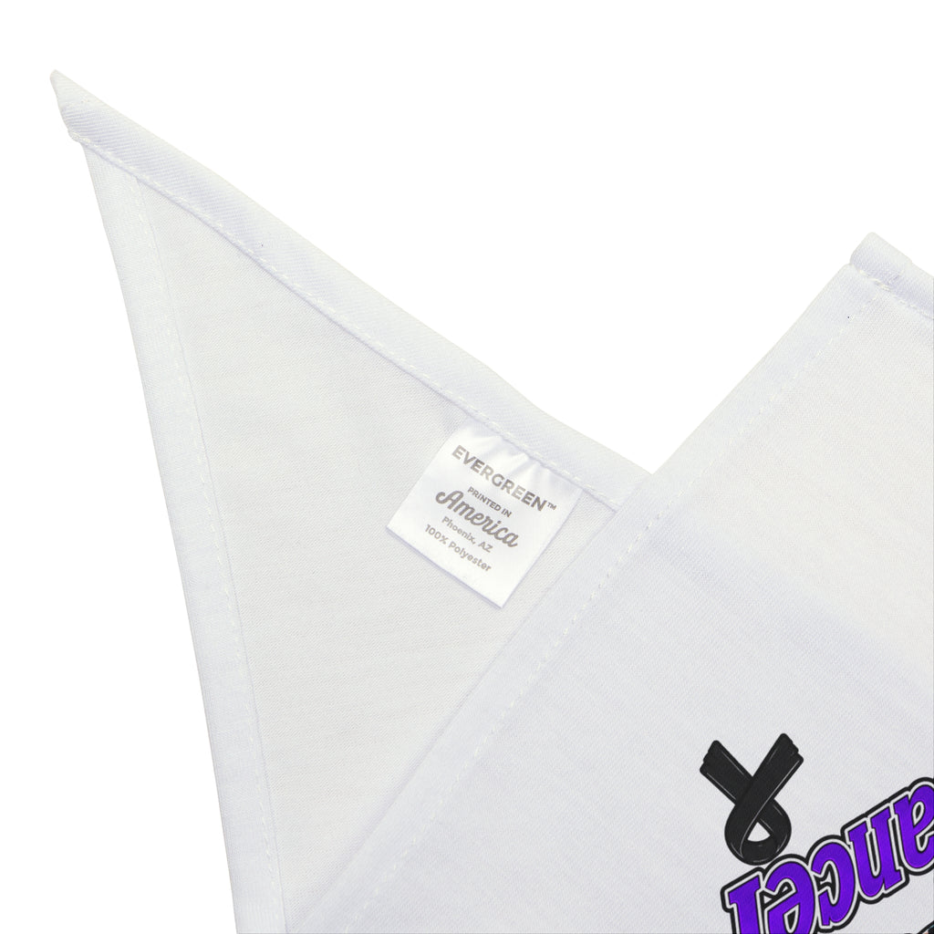Close-up of hemmed edge and Moooove Over Cancer bandana artwork