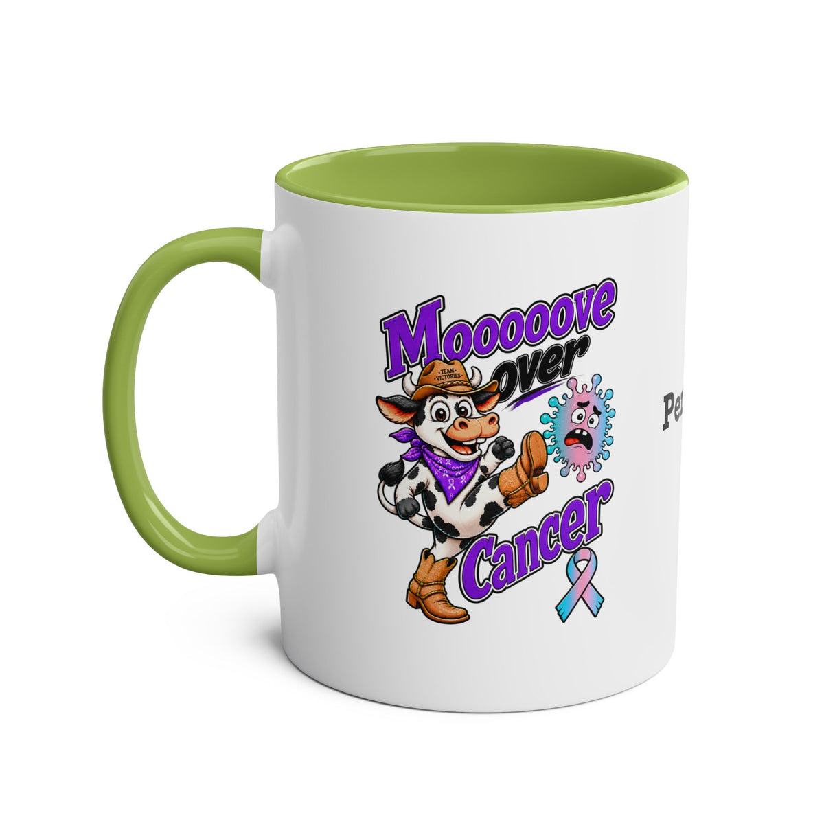 Green Moooove Over Cancer two-tone mug with colorful cancer-awareness design