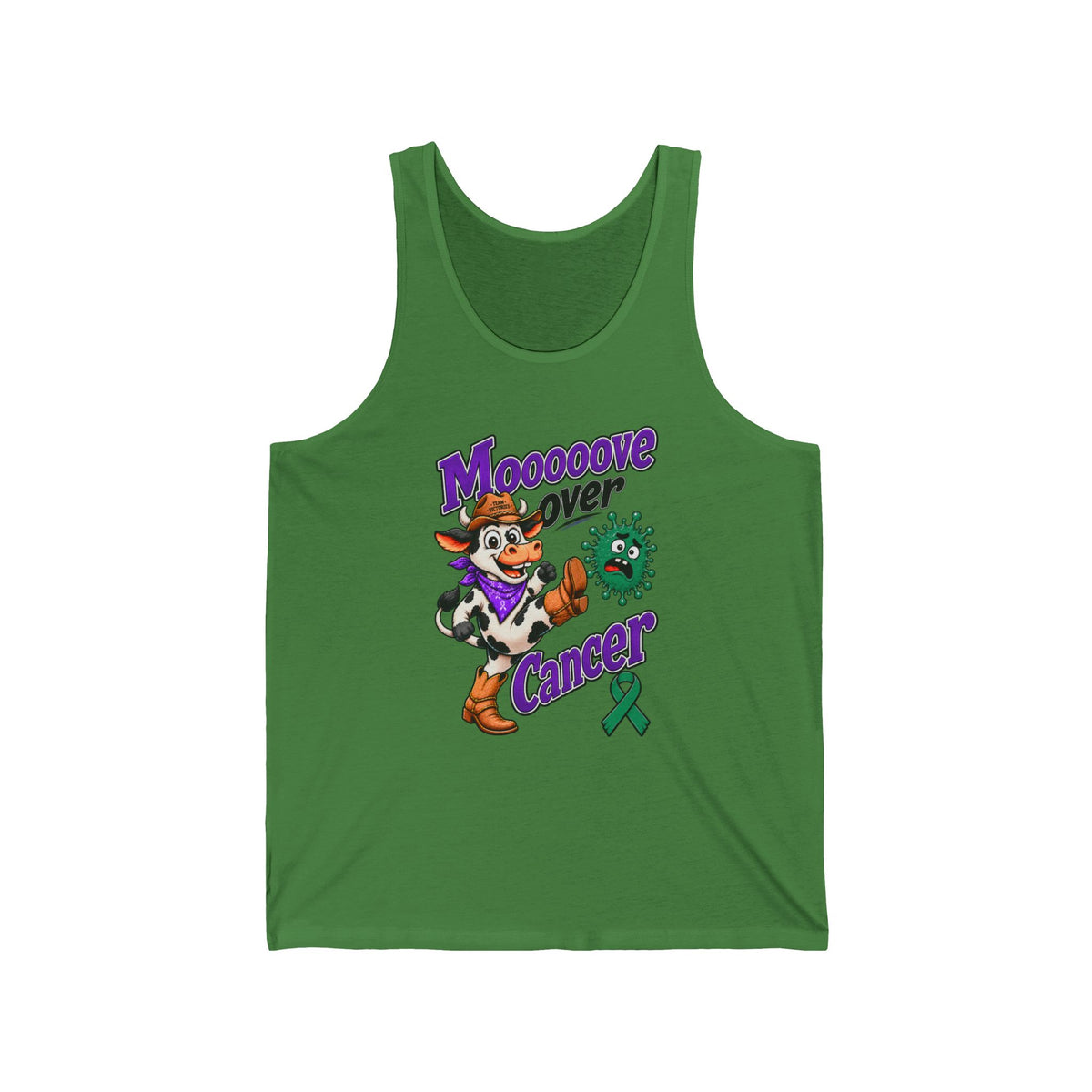 Moooove Over Cancer green tank top with Liver Cancer awareness ribbon artwork