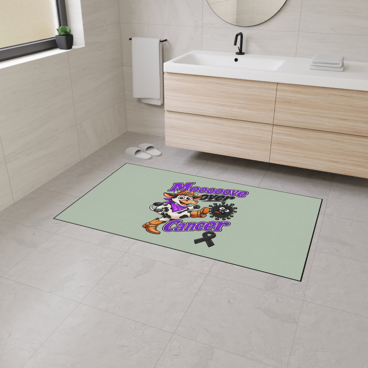 Moooove Over Cancer mat placed in a bathroom entry
