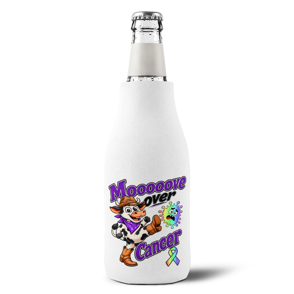 Moooove Over Cancer cooler sleeve fitted around a glass bottle with all-cancer awareness ribbon