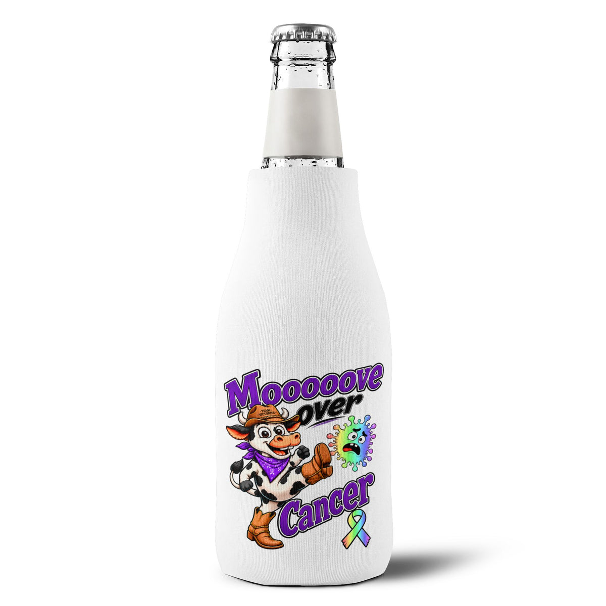 Moooove Over Cancer cooler sleeve fitted around a glass bottle with all-cancer awareness ribbon