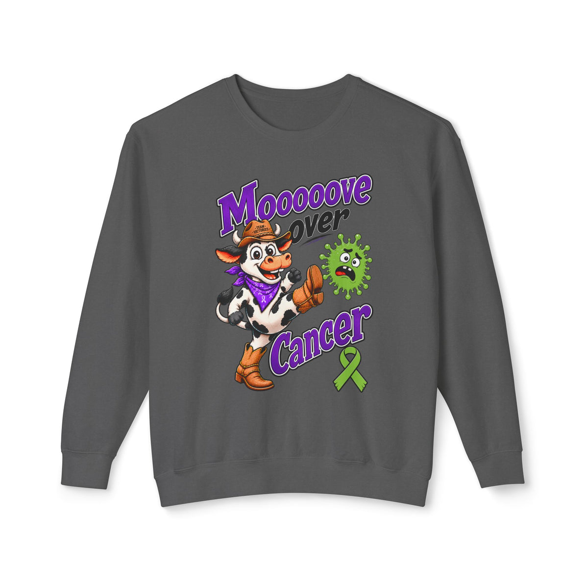 Moooove Over Cancer crewneck sweatshirt in charcoal with cow artwork and Non-Hodgkin/Lymphoma Cancer awareness ribbon