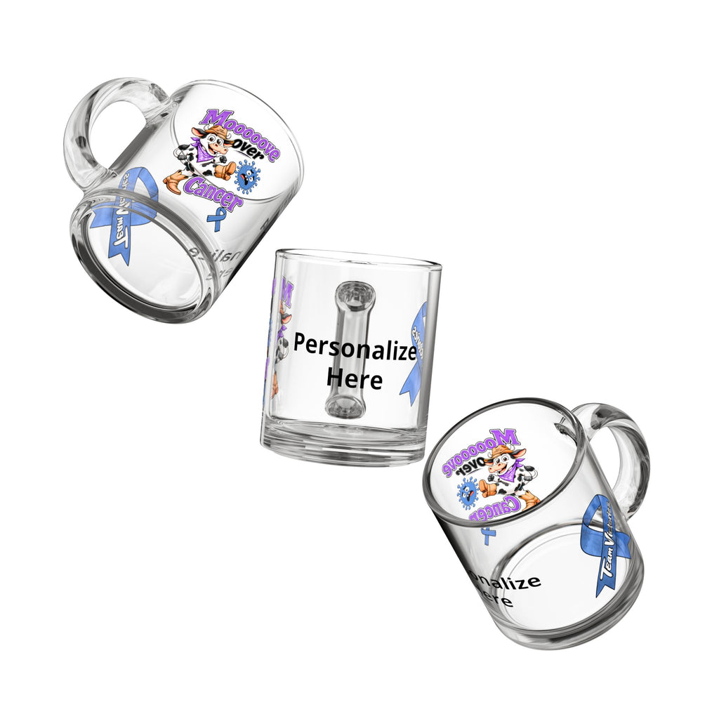 Three-view display of the Moooove Over Cancer personalized glass mug