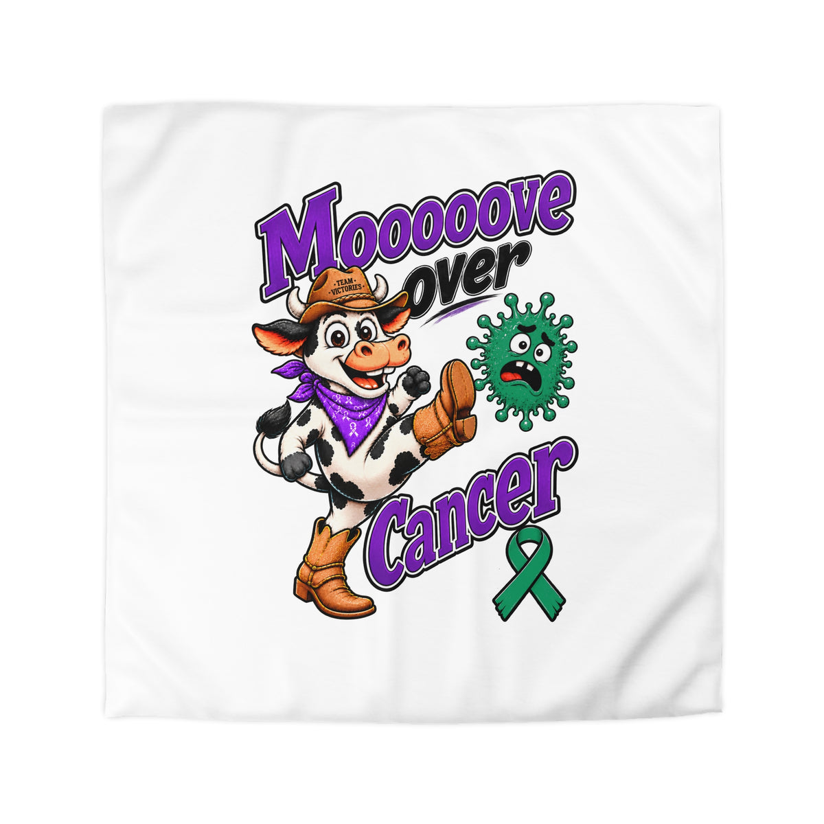 Moooove Over Cancer duvet cover shown flat with cowgirl-cow artwork and Liver Cancer awareness ribbon