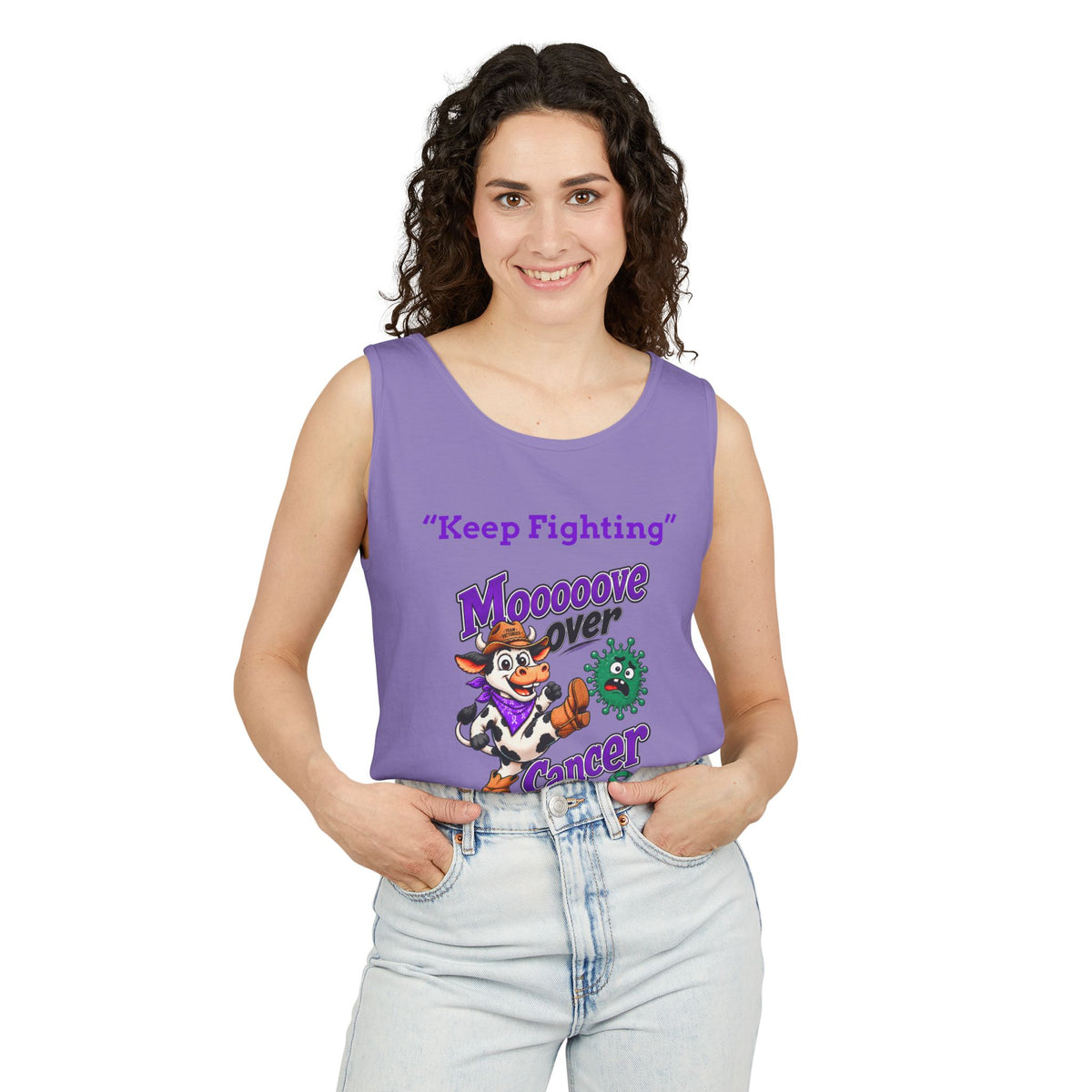 Man modeling a turquoise Moooove Over Cancer tank top with cowgirl and ribbon graphic
