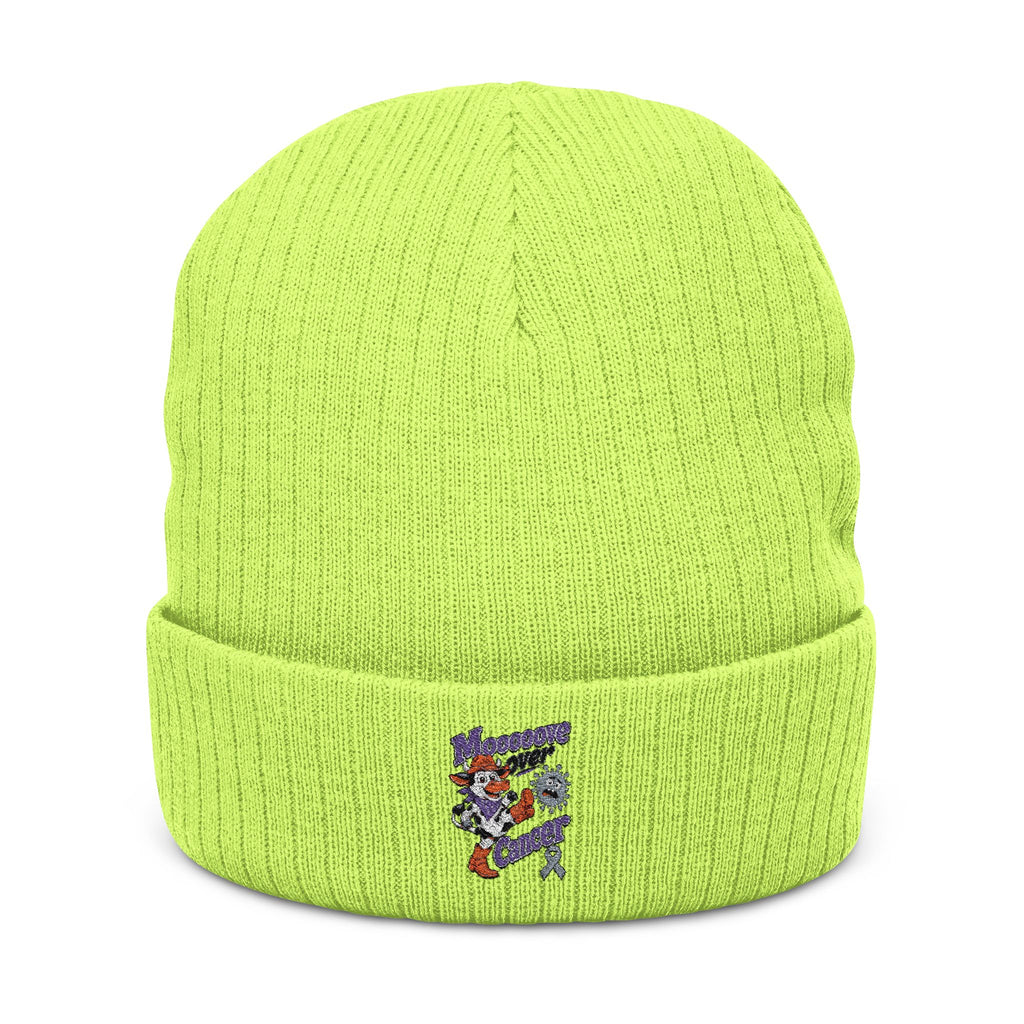 Lime green Moooove Over Cancer embroidered ribbed beanie with colorful cow artwork