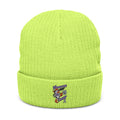 Lime green Moooove Over Cancer embroidered ribbed beanie with colorful cow artwork