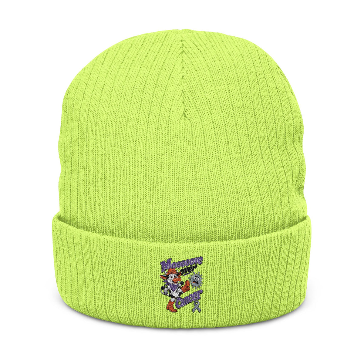 Lime green Moooove Over Cancer embroidered ribbed beanie with colorful cow artwork