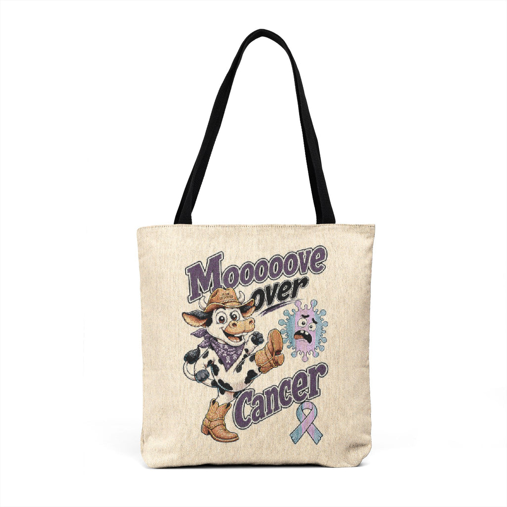 Moooove Over Cancer woven tote bag showing cow design, purple ribbon, and black shoulder straps